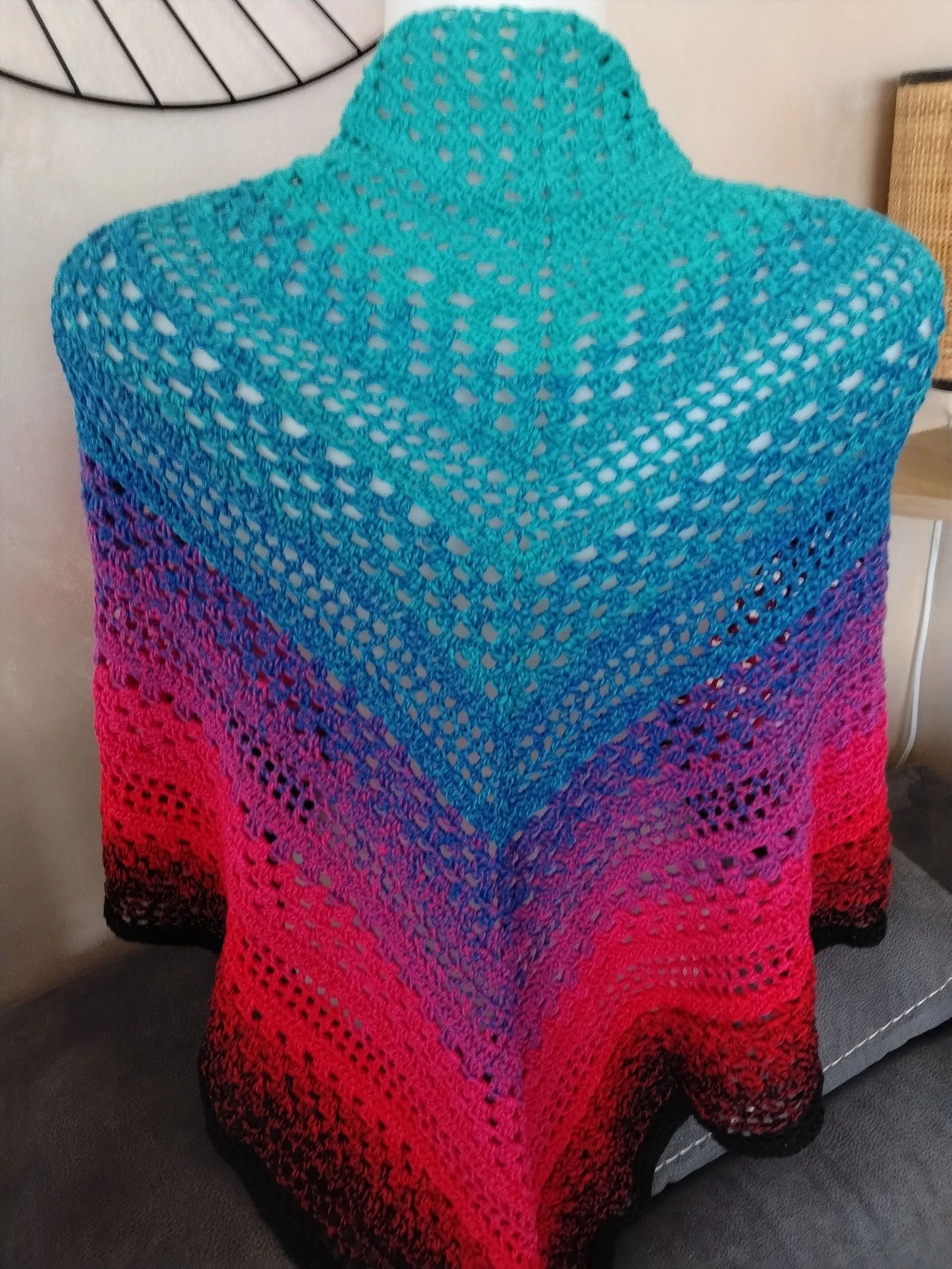 Large Handmade Crochet Shawl - Beautiful Turquoise, Purple, Red & Black Gradient – photo 4